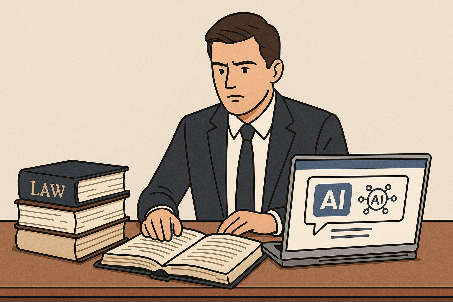 A lawyer balancing traditional law books on one side and an AI-powered laptop on the other, symbolizing the clash between authoritative legal sources and modern AI research tools, highlighting the risks of losing authority in legal research.