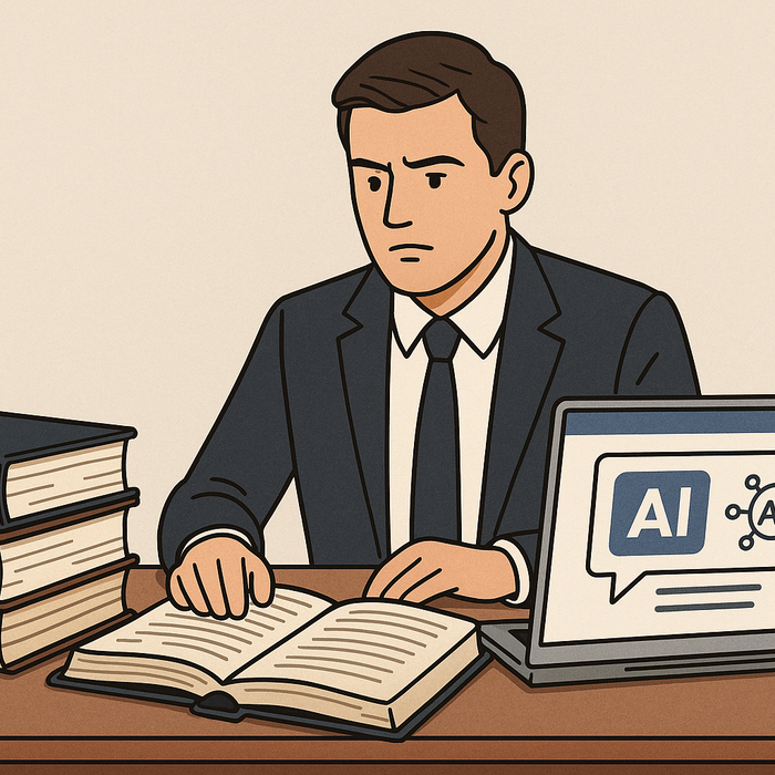 A lawyer balancing traditional law books on one side and an AI-powered laptop on the other, symbolizing the clash between authoritative legal sources and modern AI research tools, highlighting the risks of losing authority in legal research.