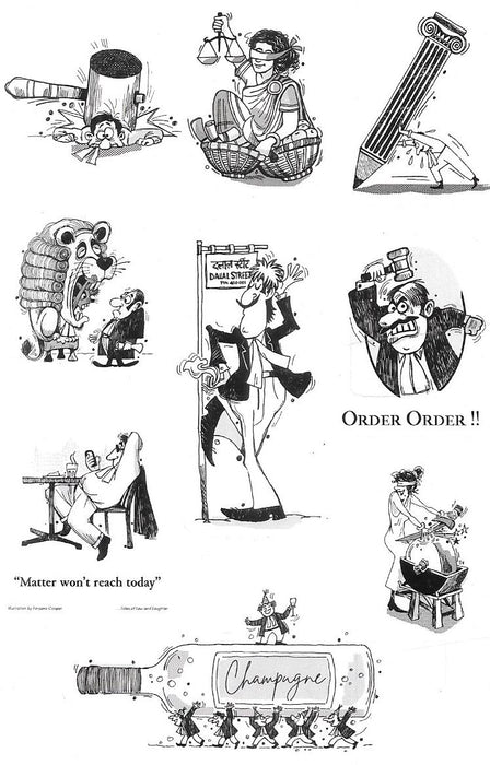 Black and white legal cartoon sticker sheet featuring nine courtroom-themed illustrations by Raju Z. Moray, depicting judges, lawyers, courtroom humour, and legal satire, designed for use on notebooks, diaries, laptops, mobile phones, and professional workspaces.