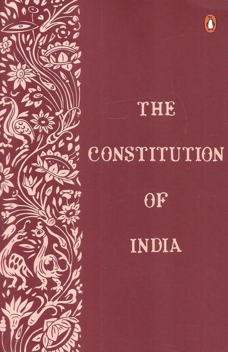 Cover of The Constitution of India Penguin edition featuring maroon design with traditional Indian motif border, complete constitutional text reference book for lawyers, students and civil services aspirants.