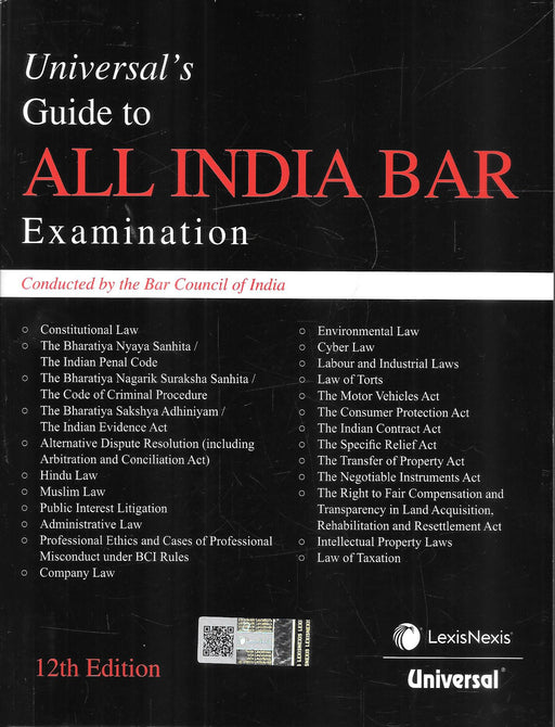 Cover of Universal Guide to All India Bar Examination latest edition by Universals LexisNexis featuring complete AIBE syllabus with MCQs solved papers and updated legal provisions for bar exam preparation