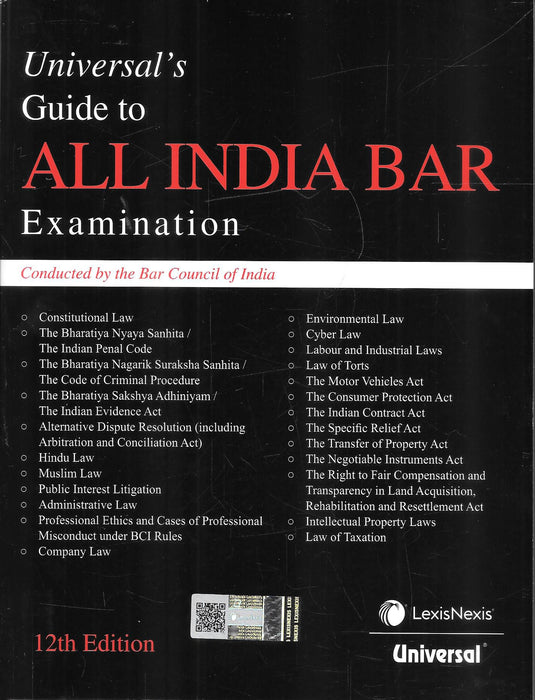 Cover of Universal Guide to All India Bar Examination latest edition by Universals LexisNexis featuring complete AIBE syllabus with MCQs solved papers and updated legal provisions for bar exam preparation