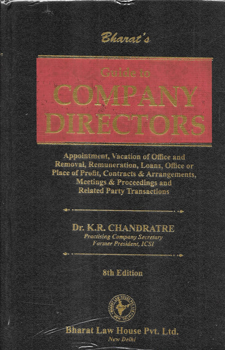 Cover of Guide to Company Directors by Dr. K.R. Chandratre, 8th Edition, featuring a black textured background with gold-embossed text, highlighting governance, compliance, and director responsibilities in Indian corporate law.