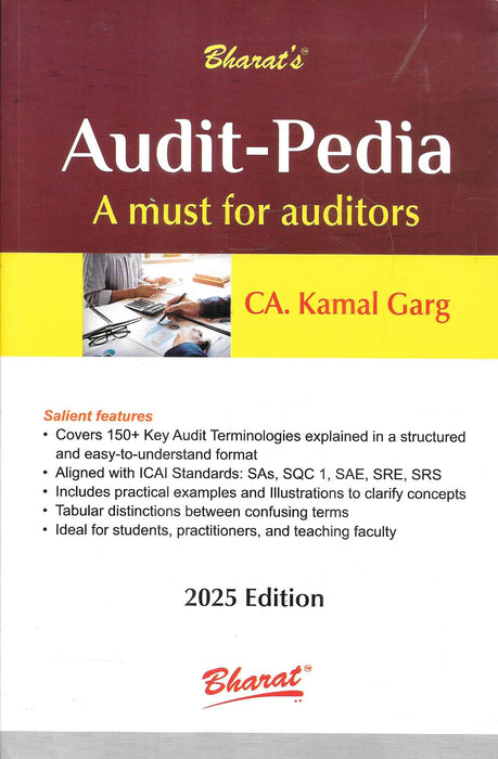 Front and back cover of Audit-Pedia: A Must for Auditors by CA Kamal Garg, Bharat Law House – 2025 Edition, explaining key audit terminologies with ICAI-aligned examples.