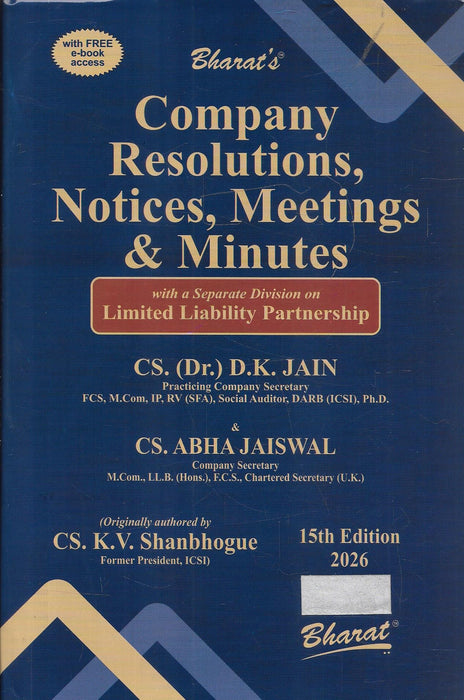 Cover of “Company Resolutions, Notices, Meetings & Minutes” 2026 edition by CS D.K. Jain and CS Abha Jaiswal, covering resolutions, notices, meetings, specimen minutes, LLP documents, and corporate compliance tools for company secretaries and corporate lawyers.