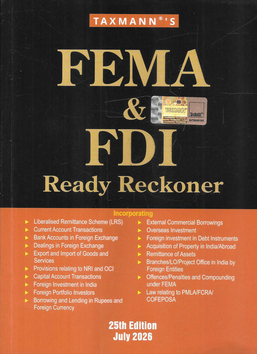 Cover of FEMA & FDI Ready Reckoner, 25th Edition (July 2026), published by Taxmann.