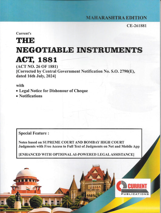 Current’s The Negotiable Instruments Act, 1881, Maharashtra Edition, including legal notice for dishonour of cheque, notifications, Supreme Court and Bombay High Court judgment notes, ISBN 9788168129290.