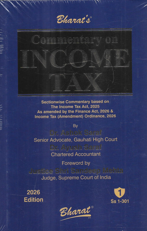 A blue hardcover book titled 'Bharat's Commentary on Income Tax' wrapped in clear plastic. The cover features a black rectangular title block with embossed-style lettering and gold text for the author, edition, and Bharat's logo.