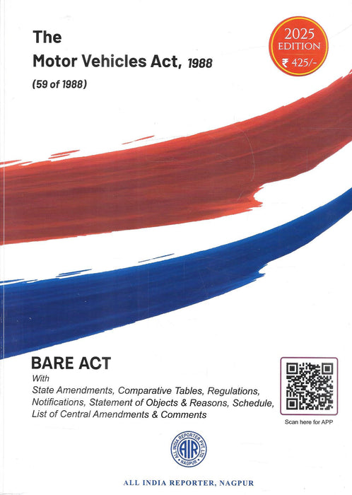 Cover of The Motor Vehicles Act, 1988 Bare Act, 2025 Edition by All India Reporter, featuring red and blue brushstroke design, priced at ₹425, with state amendments, regulations, and editorial comments included.