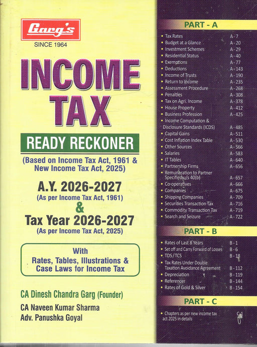 Income Tax Ready Reckoner AY 2026 27 by Dinesh Chandra Garg covering tax rates deductions TDS capital gains and new income tax act provisions designed for chartered accountants tax consultants and professionals for quick reference