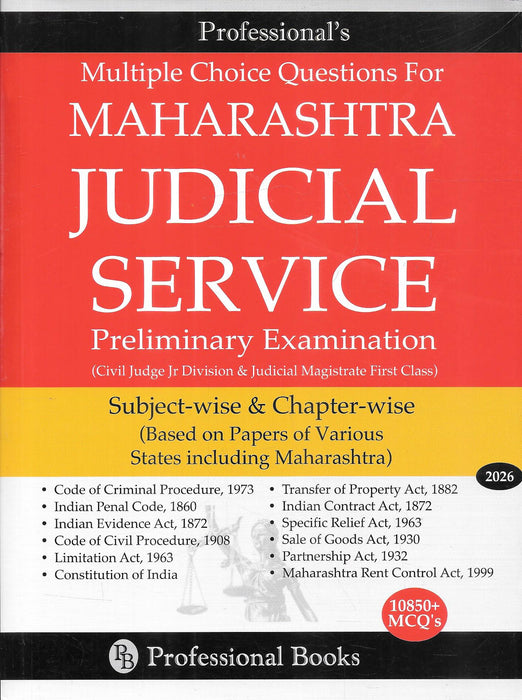 Maharashtra Judicial Service Preliminary Examination MCQ book 2026 by Professional Books featuring over 10850 multiple choice questions subject wise chapter wise covering IPC CrPC CPC Evidence Constitution and key laws for judiciary exam preparation.