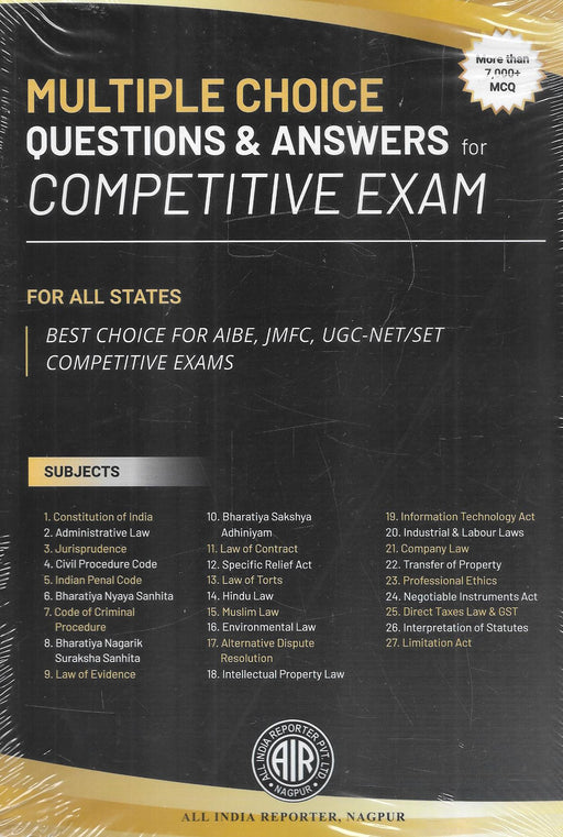 Cover of the book "Multiple Choice Questions & Answers for Competitive Exam" by All India Reporter (AIR), featuring over 7,000 MCQs across core subjects like Constitution, IPC, CPC, Evidence, Contract, and more for judiciary and law entrance exams.