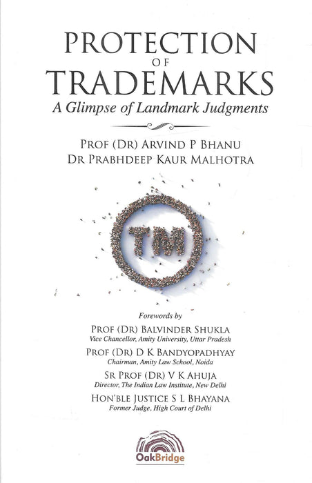 Cover of Protection of Trademarks by Arvind P. Bhanu and Prabhdeep Kaur Malhotra, featuring landmark judgment insights and commentary on trademark law in India.
