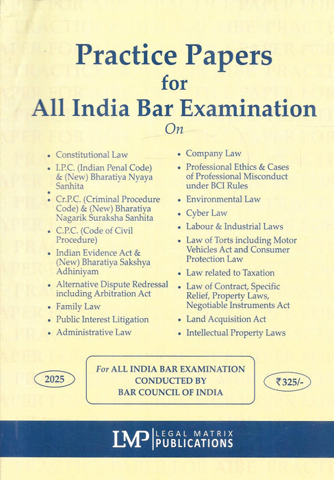 Book cover of “Practice Papers for All India Bar Examination – 2025” by Legal Matrix Publications, featuring subject-wise AIBE practice questions including new criminal codes like BNS, BNSS, and BSA.