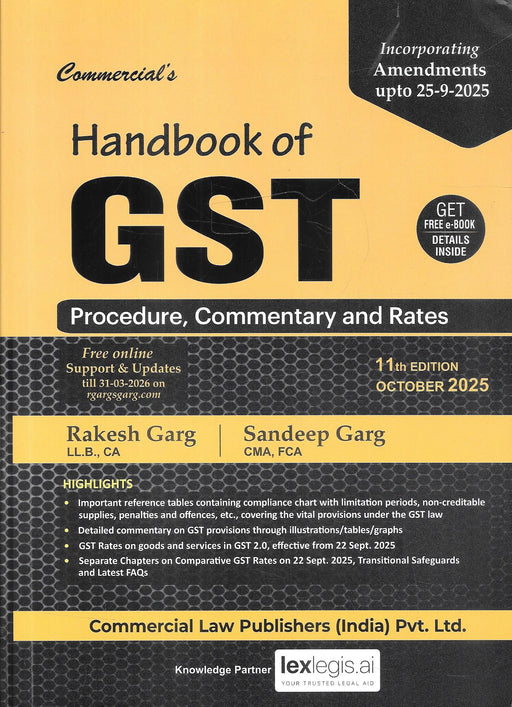 Cover of Handbook of GST 11th Edition October 2025 by Rakesh Garg and Sandeep Garg, published by Commercial Law Publishers India Pvt Ltd, featuring updated commentary, procedures, and rates with amendments up to September 2025.