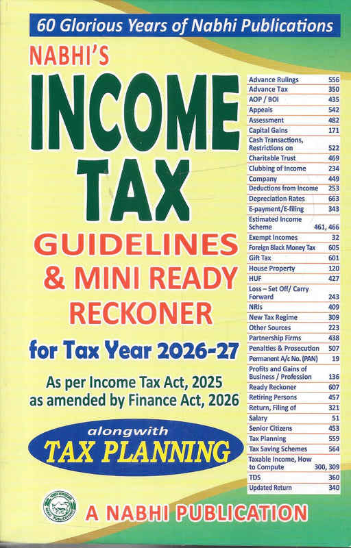 Cover of Nabhi Income Tax Guidelines and Mini Ready Reckoner for tax year 2026 27 featuring updated provisions tax planning insights and quick reference topics like TDS capital gains salary and return filing