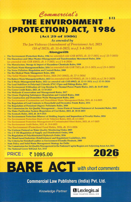 Cover of Environment Protection Act 1986 Bare Act with Short Comments 2026 edition published by Commercial Law Publishers including updated environmental rules waste management regulations and amendments for lawyers compliance professionals and law students.