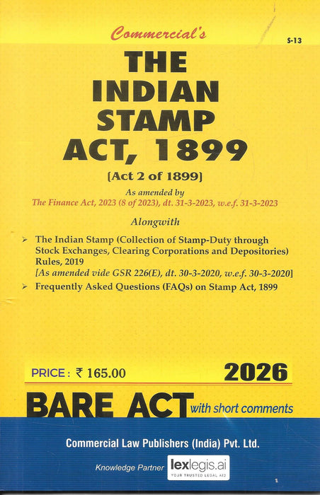 2026 edition of The Indian Stamp Act 1899 Bare Act with short comments, published by Commercial Law Publishers, featuring updated amendments and rules useful for lawyers and compliance professionals.