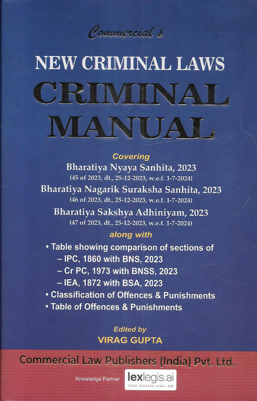 Pocket edition of New Criminal Laws Criminal Manual covering Bharatiya Nyaya Sanhita Bharatiya Nagarik Suraksha Sanhita and Bharatiya Sakshya Adhiniyam 2023 edited by Virag Gupta published by Commercial Law Publishers for daily criminal law practice.