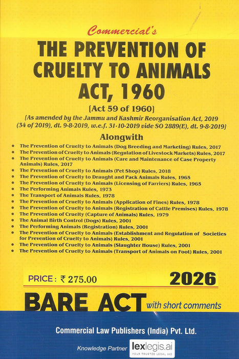 Cover of the 2026 Bare Act “The Prevention of Cruelty to Animals Act 1960” published by Commercial Law Publishers, featuring extensive animal welfare rules including livestock, dog breeding, pet shops, performing animals, and transport regulations, intended for lawyers and animal welfare professionals.