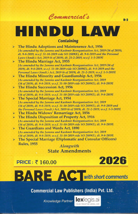 Cover of the 2026 “Hindu Law” Bare Act compilation published by Commercial Law Publishers, featuring statutes like Hindu Marriage Act, Succession Act, Adoptions and Maintenance Act, and state amendments, designed for family law practitioners and legal researchers.