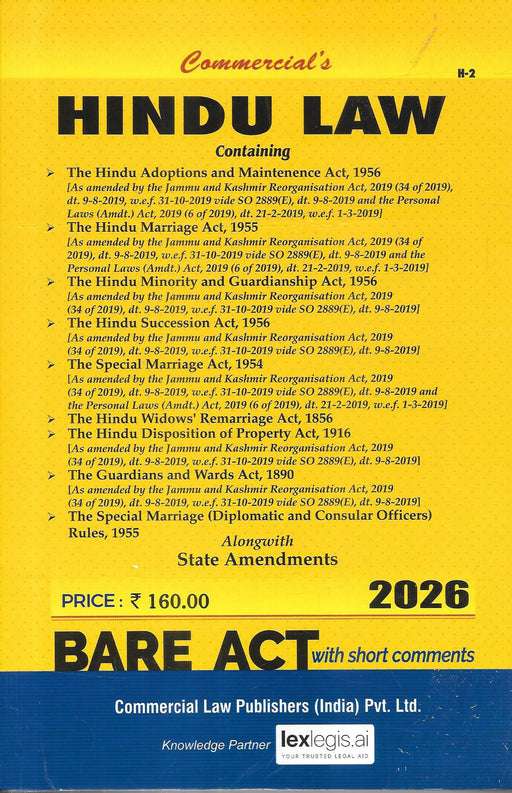 Cover of the 2026 “Hindu Law” Bare Act compilation published by Commercial Law Publishers, featuring statutes like Hindu Marriage Act, Succession Act, Adoptions and Maintenance Act, and state amendments, designed for family law practitioners and legal researchers.