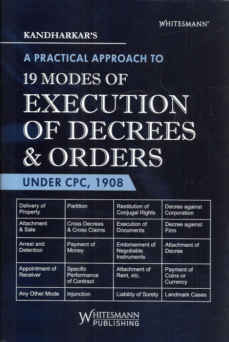 Front cover of A Practical Approach to 19 Modes of Execution of Decrees and Orders under CPC 1908 by Kandharkar, published by Whitesmann Publishing, a detailed procedural guide for lawyers and judges handling execution proceedings in Indian civil courts.