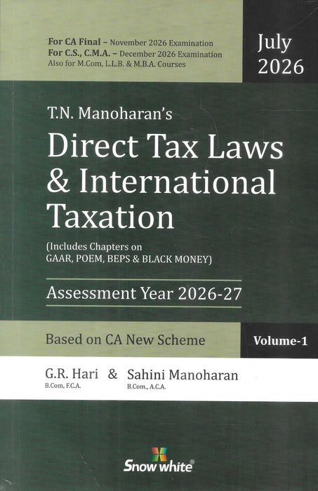 Cover of T.N. Manoharan's Direct Tax Laws & International Taxation, Set of 2 Volumes, July 2026 Edition for CA Final, Assessment Year 2026–27, published by Snow White Publications.