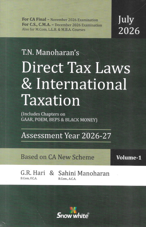 Cover of T.N. Manoharan's Direct Tax Laws & International Taxation, Set of 2 Volumes, July 2026 Edition for CA Final, Assessment Year 2026–27, published by Snow White Publications.