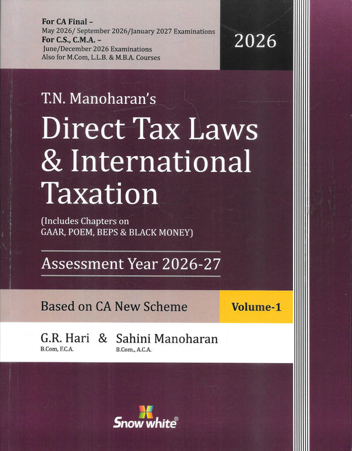 Cover of Direct Tax Laws and International Taxation for Assessment Year 2026-27 by GR Hari and Sahini Manoharan based on CA new scheme including GAAR BEPS POEM transfer pricing and international taxation concepts for CA Final students.