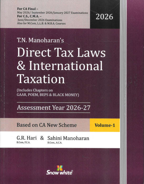 Cover of Direct Tax Laws and International Taxation for Assessment Year 2026-27 by GR Hari and Sahini Manoharan based on CA new scheme including GAAR BEPS POEM transfer pricing and international taxation concepts for CA Final students.