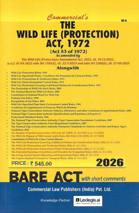 Cover of Wild Life Protection Act 1972 Bare Act with Short Comments 2026 edition published by Commercial Law Publishers including updated wildlife protection rules licensing regulations and conservation frameworks for lawyers environmental professionals and law students.