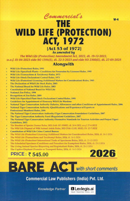 Cover of Wild Life Protection Act 1972 Bare Act with Short Comments 2026 edition published by Commercial Law Publishers including updated wildlife protection rules licensing regulations and conservation frameworks for lawyers environmental professionals and law students.