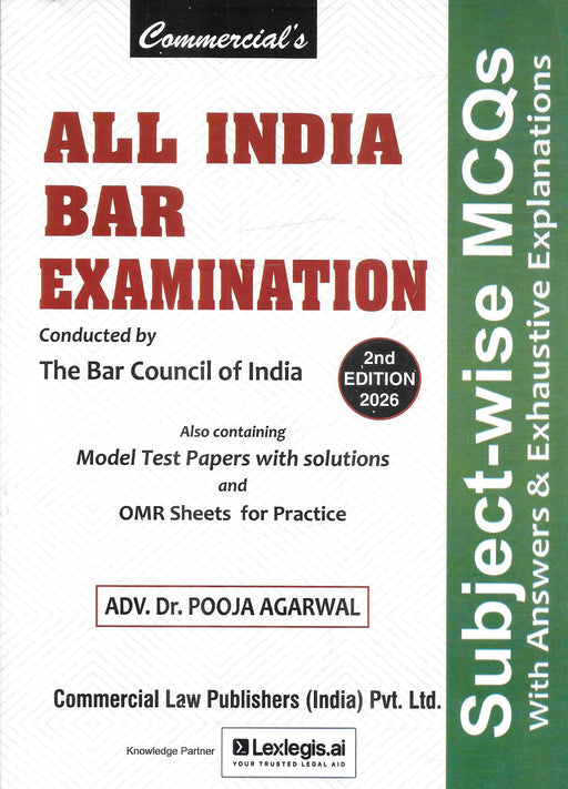 Cover image of the book “All India Bar Examination Subject Wise MCQ with Answers and Exhaustive Explanations” by Adv. Dr. Pooja Agarwal, 2nd Edition 2026, designed for AIBE preparation with model test papers and OMR practice sheets.