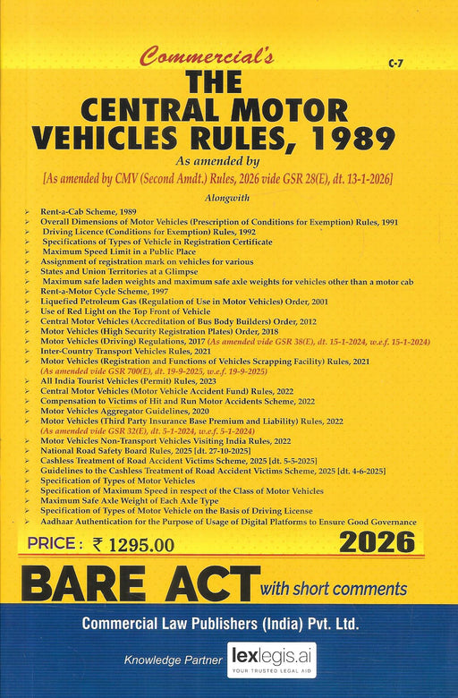 Front cover of Central Motor Vehicles Rules 1989 2026 Edition Bare Act by Commercial Law Publishers showing amendments up to 2026 including licensing, registration, insurance rules, accident compensation schemes, and transport compliance provisions.