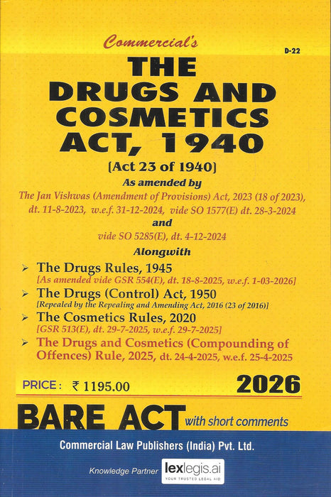 Front cover of Drugs and Cosmetics Act 1940 2026 Edition Bare Act by Commercial Law Publishers showing updated Jan Vishwas amendments, Drugs Rules 1945, Cosmetics Rules 2020, and Compounding of Offences Rules 2025 for pharmaceutical compliance.