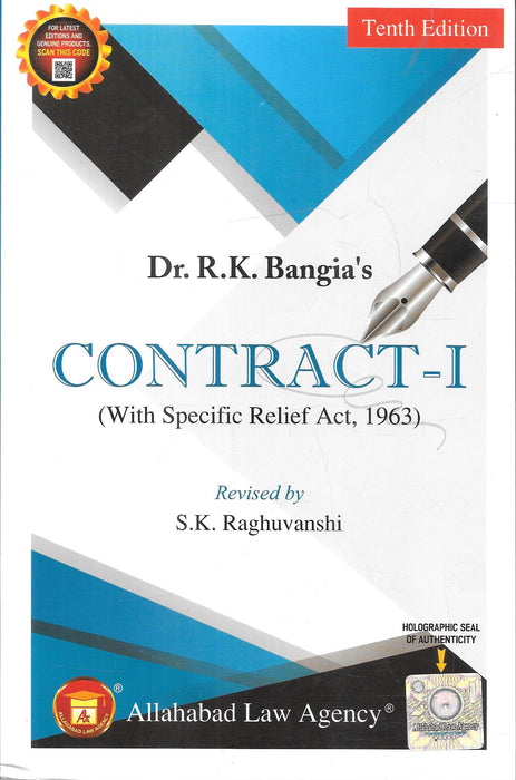 Cover of Contract-I by Dr R K Bangia, revised by S K Raghuvanshi, Tenth Edition, published by Allahabad Law Agency. Focuses on Contract-I fundamentals and the Specific Relief Act, 1963, widely used by Indian law students and exam aspirants.