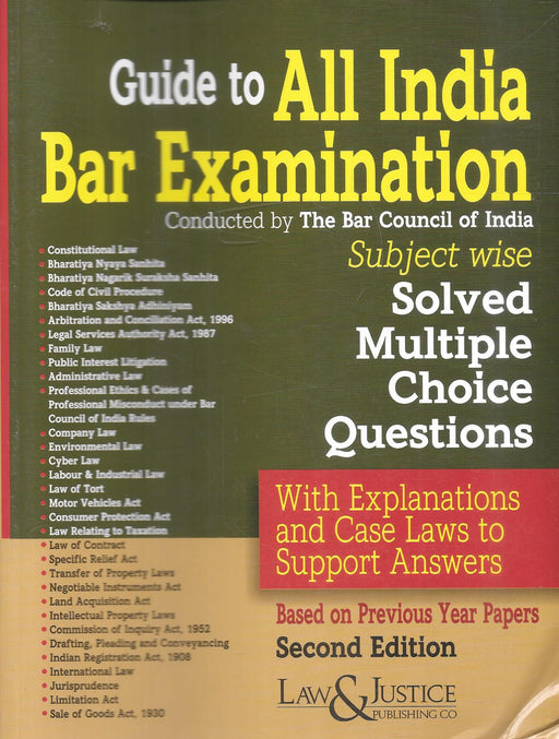 Cover of Guide to All India Bar Examination, Second Edition, featuring subject-wise solved MCQs with explanations and case laws, published by Law & Justice Publishing Co., based on previous year papers.