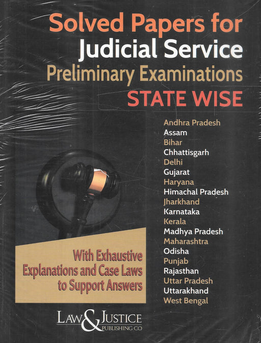 Cover of “Solved Papers for Judicial Service Preliminary Examinations – State Wise” listing 19 Indian states, featuring a judge’s gavel and a highlight box on exhaustive explanations and case law references