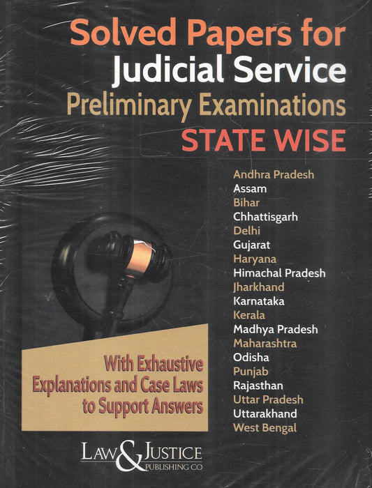Cover of “Solved Papers for Judicial Service Preliminary Examinations – State Wise” listing 19 Indian states, featuring a judge’s gavel and a highlight box on exhaustive explanations and case law references