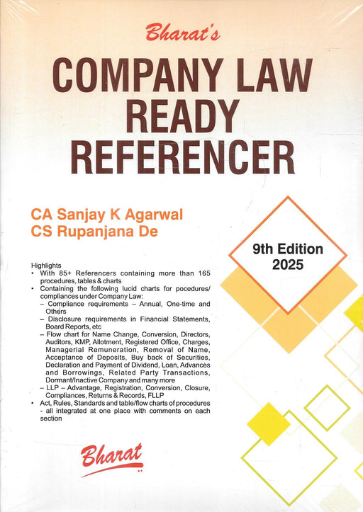 Cover image of Company Law Ready Referencer 2025 edition by CA Sanjay K Agarwal and CS Rupanjana De, featuring highlights on procedures, charts, and LLP compliance.