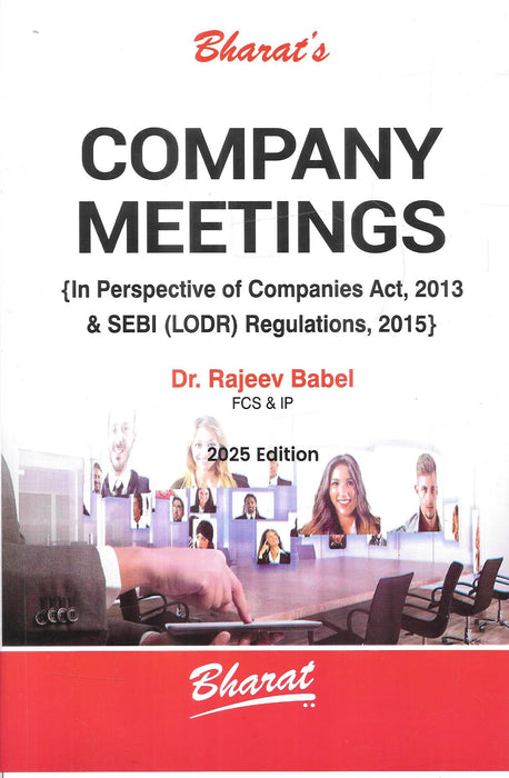 Cover of the book "Company Meetings" by Dr. Rajeev Babel, 2025 Edition, showing virtual meeting screens, a hand pointing to a tablet, and corporate imagery under the Companies Act, 2013 and SEBI regulations.