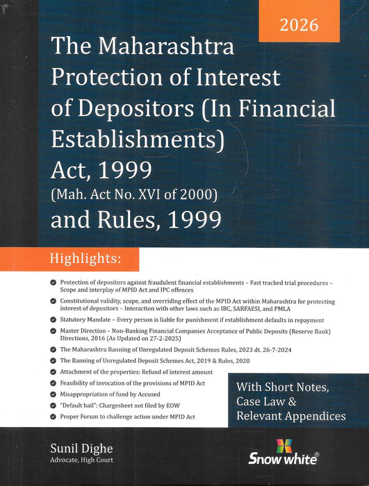 Front cover of the 2026 edition of The Maharashtra Protection of Interest of Depositors Act 1999 with Rules by Sunil Dighe, including short notes, case law, and appendices for lawyers handling financial fraud and economic offence cases in Maharashtra.
