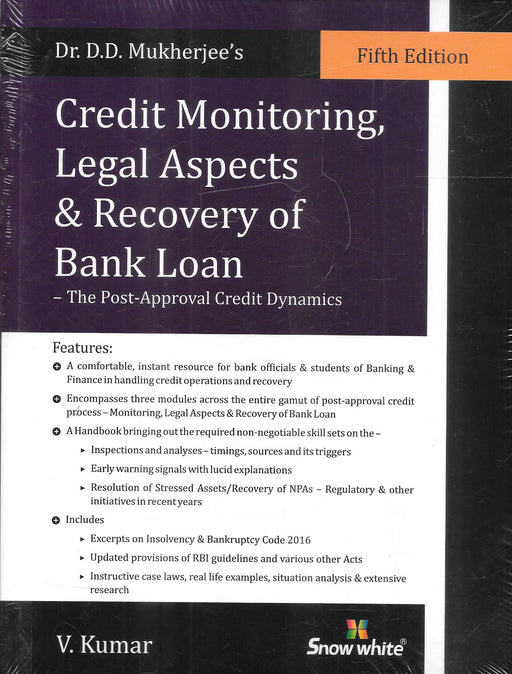 Cover of Credit Monitoring, Legal Aspects & Recovery of Bank Loan, Fifth Edition by Dr. D.D. Mukherjee and V. Kumar, a comprehensive handbook for banking professionals and finance students.