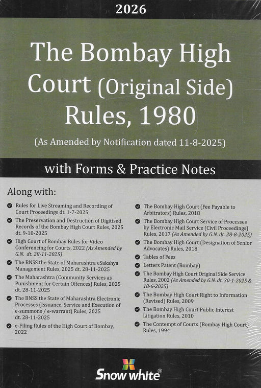 Front cover of the 2026 edition of The Bombay High Court Original Side Rules 1980 with forms and practice notes, updated with amendments up to August 2025, essential for advocates practicing on the Original Side of the Bombay High Court.