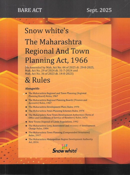 Front cover of The Maharashtra Regional and Town Planning Act, 1966 & Rules (Sept. 2025 Edition) by Snow White, updated with amendments of 2023, 2024, and 2025, including regional planning and town development regulations.