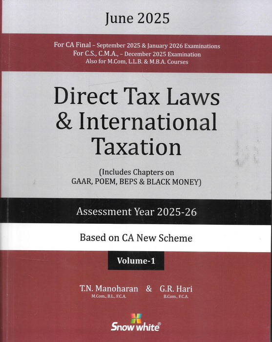 Front cover of Direct Tax Laws and International Taxation 2025 set by T.N. Manoharan & G.R. Hari, Volumes 1 and 2, for CA Final, covering GAAR, POEM, BEPS, Black Money, Assessment Year 2025-26, aligned to the new CA scheme.