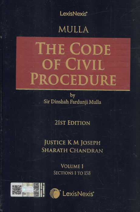 Three-volume hardbound set of Mulla’s Code of Civil Procedure 21st Edition by Justice K. M. Joseph and Sharath Chandran, published by LexisNexis, featuring detailed commentary on CPC sections, orders, schedules, and procedural law.
