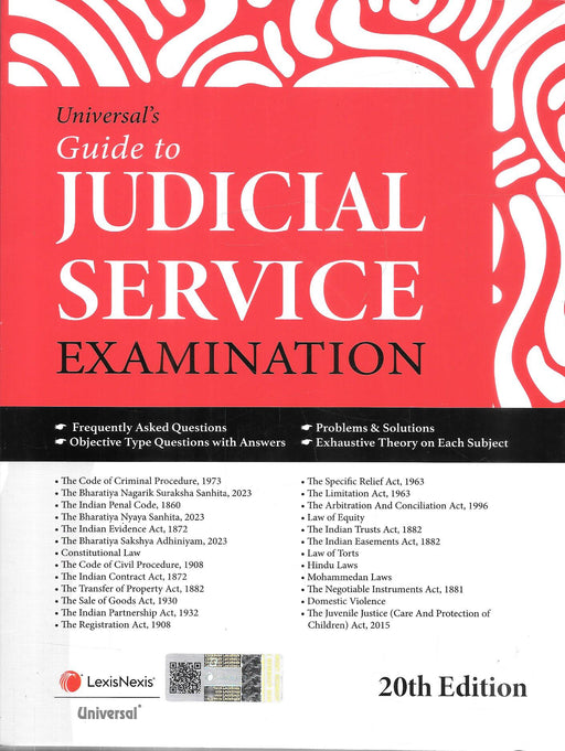 Cover of Universal’s Guide to Judicial Service Examination 20th Edition 2025 by LexisNexis, featuring updated criminal laws and comprehensive practice material for Judicial Service aspirants preparing for competitive law exams.