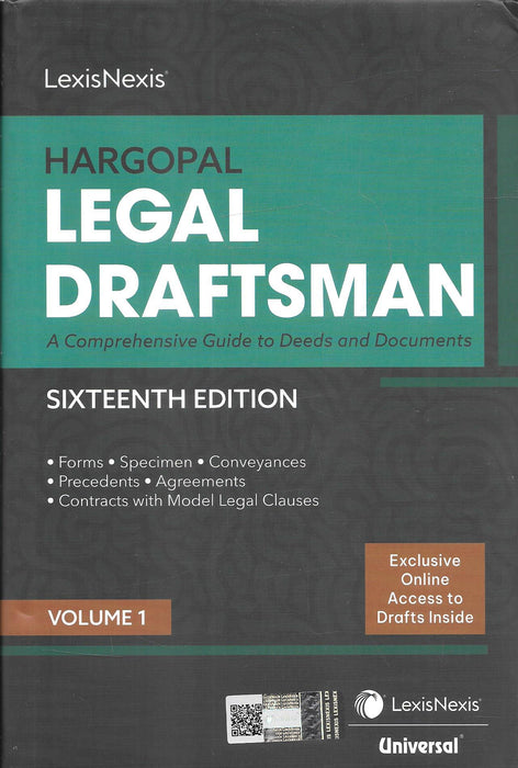 Two-volume set of Hargopal Legal Draftsman Sixteenth Edition by LexisNexis, featuring updated drafts, forms, conveyances, precedents, and model clauses for professional legal drafting.